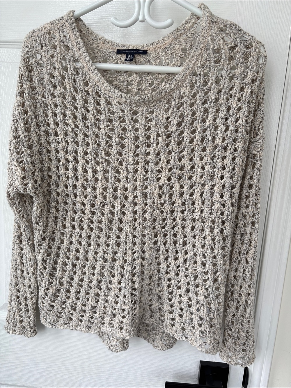 American Eagle Women Open-Knit Oversized Sweater Small Beige XS Boho Crochet